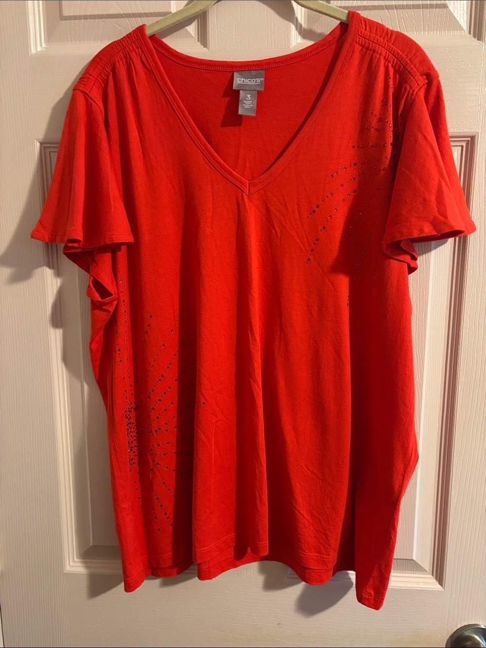 Chico's Bright Red V-Neck Tee with Subtle Rhinestone Accents